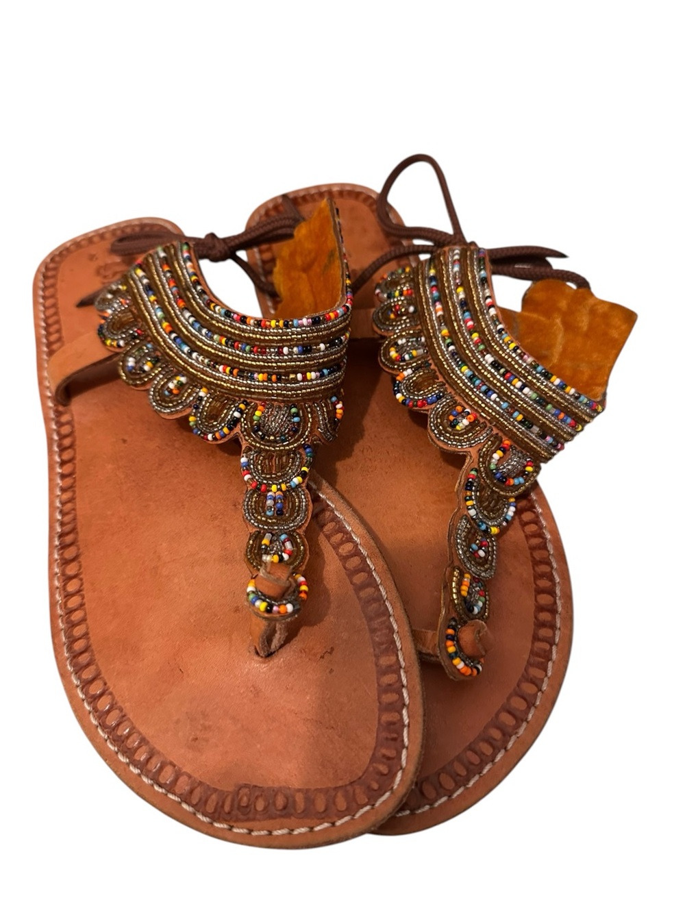 Embellished Brown Leather Thong Sandals for Women